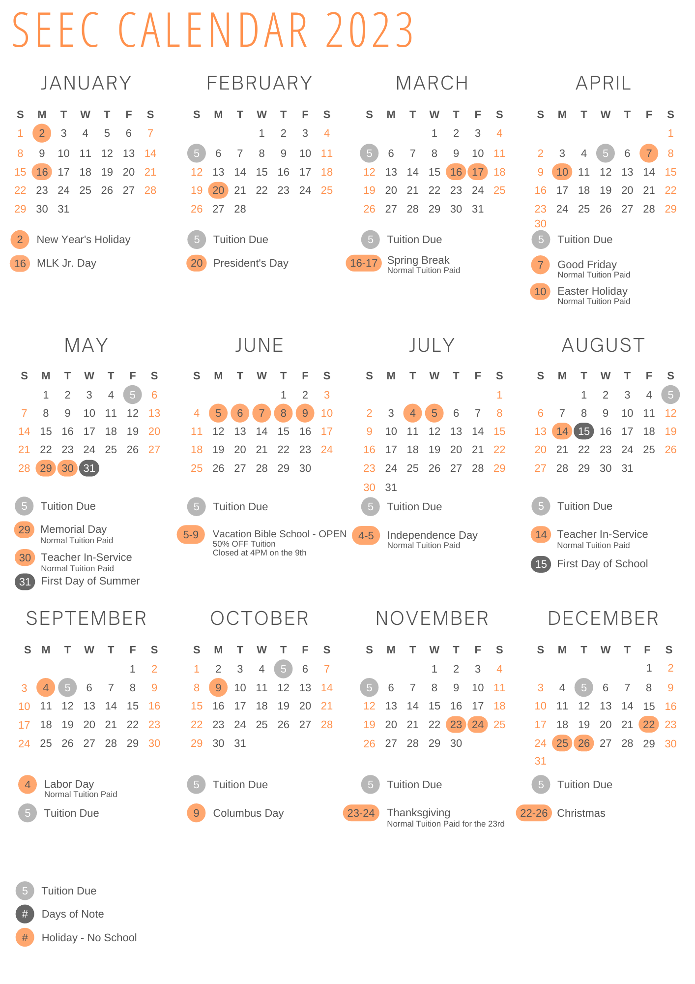 SEEC Calendar Summit Baptist Church